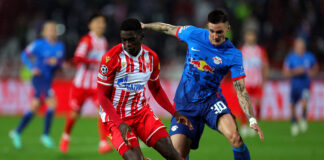 Nasser Djiga in action for Red Star Belgrade against RB Leipzig during a UEFA Champions League group stage match