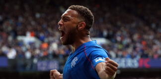 Cyriel Dessers celebrates passionately after scoring for Rangers at Ibrox