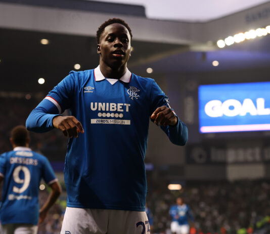 Djeidi Gassama celebrates after scoring for Rangers during a UEFA Champions League qualifier at Ibrox.