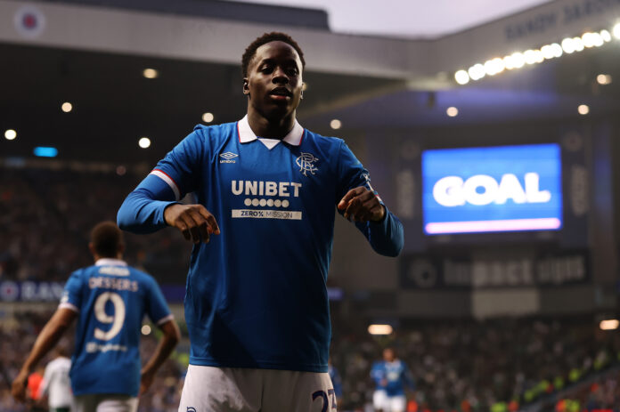 Djeidi Gassama celebrates after scoring for Rangers during a UEFA Champions League qualifier at Ibrox.