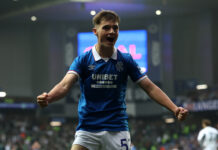 Findlay Curtis of Rangers passionately celebrates after scoring during the UEFA Champions League second qualifying round first leg against Panathinaikos at Ibrox Stadium.