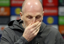 Philippe Clement looking visibly stressed during a Europa League press conference