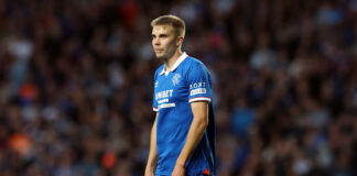Oliver Antman of Rangers stands focused during a UEFA Champions League qualifier match at Ibrox.