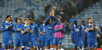 Rangers players applauding fans after their UEFA Champions League second qualifying round first leg match against Viktoria Plzen at Ibrox Stadium.