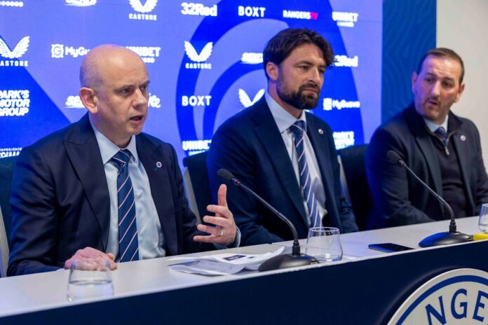 Rangers CEO Patrick Stewart, manager Russell Martin, and sporting director Kevin Thelwell at a press conference in Ibrox.