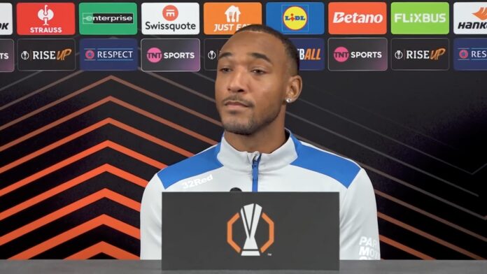 Derek Cornelius speaks at a Rangers Europa League press conference ahead of the Genk match