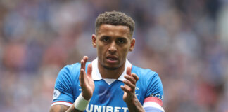 James Tavernier applauds supporters while wearing the Rangers captain’s armband during a Premiership match at Ibrox.