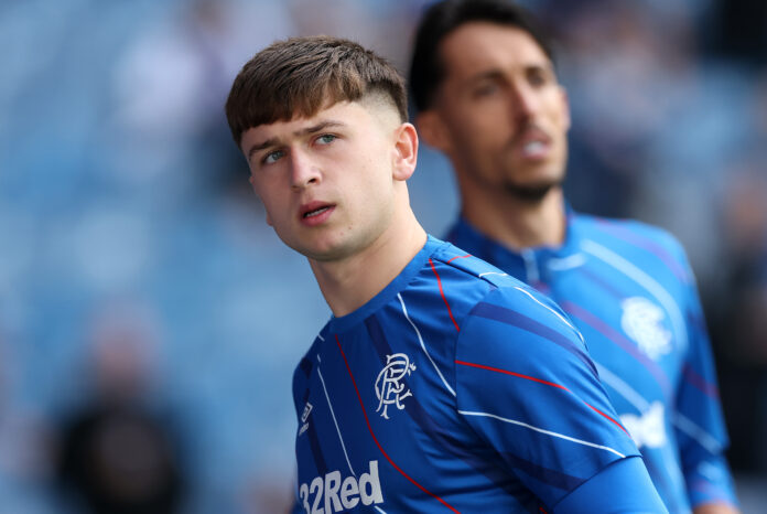 Mikey Moore in a Rangers kit during warm up at Ibrox