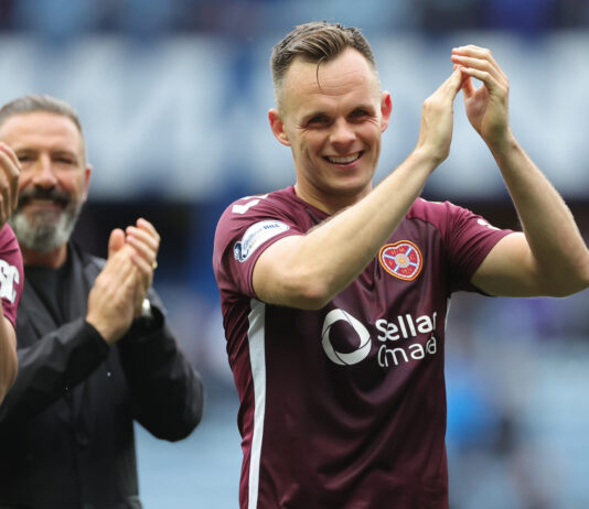 Hearts striker Lawrence Shankland applauds the fans after scoring in the Premiership win over Rangers at Ibrox.