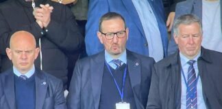 Rangers executives in the Ibrox directors’ box during high-level discussions over Steven Gerrard’s managerial control.