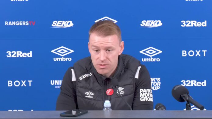 Steven Smith speaks at a Rangers press conference before the Dundee United match in October 2025