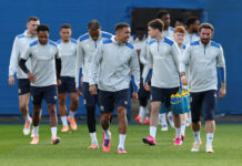 Rangers players train at Auchenhowie ahead of the Europa League 2025–26 league phase matchday three after the heavy defeat to Brann.