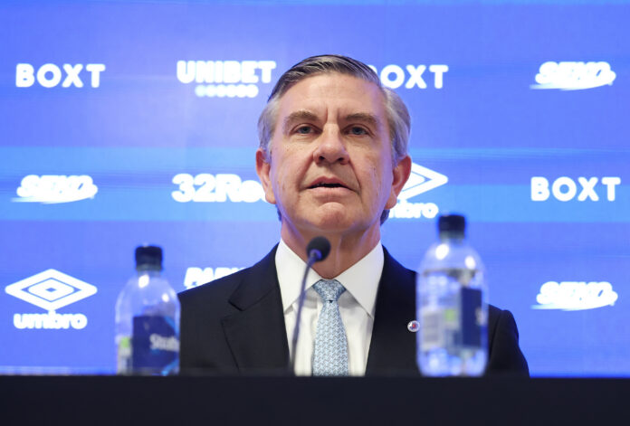 Andrew Cavenagh speaks at the Rangers press conference unveiling Danny Rohl as the club’s new manager