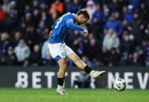 Nico Raskin strikes the ball for Rangers during the win over Kilmarnock ahead of the crucial Hibs clash