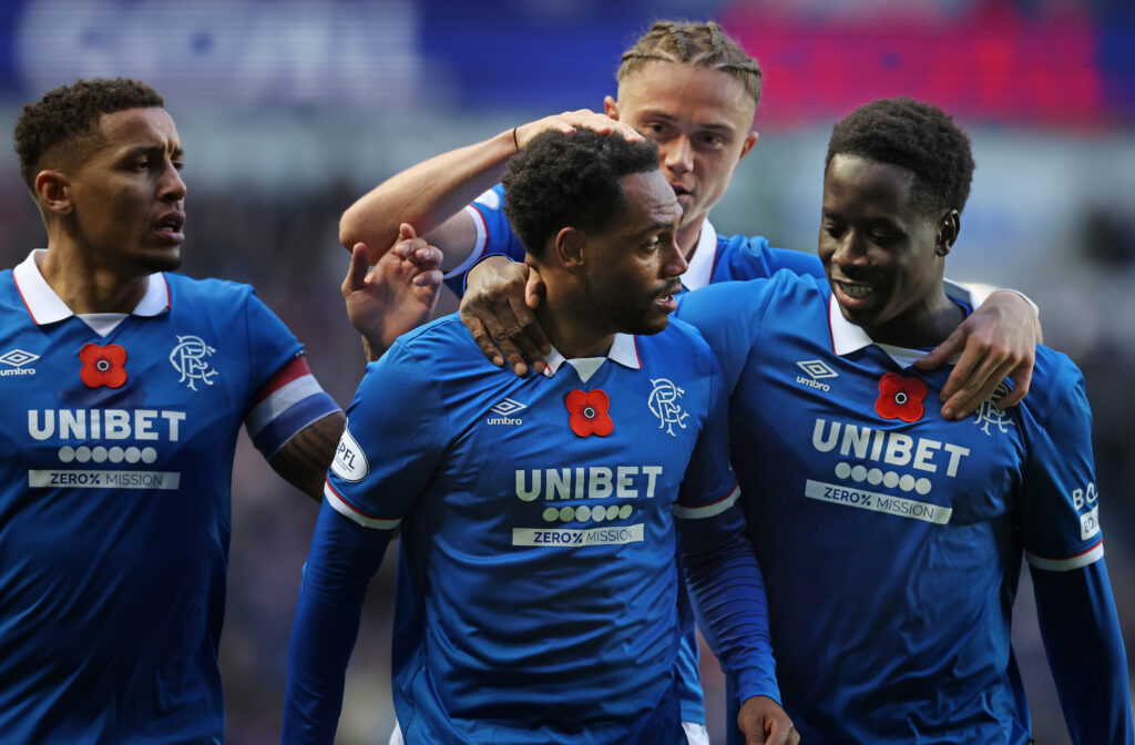 Rangers players in blue shirts celebrate a goal at Ibrox after breaking a five-month home league win drought against Kilmarnock.