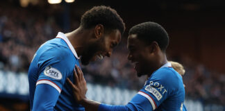 Youssef Cermity celebrates his goal for Rangers during the home win over Kilmarnock at Ibrox Stadium.