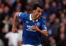 Bojan Miovski in action for Rangers during the Premier Cup Semi match, wearing the club’s blue home kit and sprinting forward with focus.