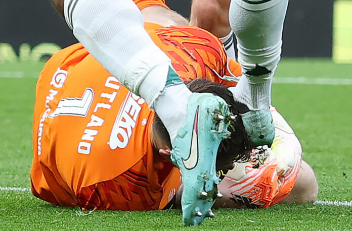 Celtic v Rangers - Premier Sports Cup Semi Final Rangers goalkeeper Jack Butland lies injured on the ground as Austin Trusty;s boot comes down near his head during the Hampden clash.