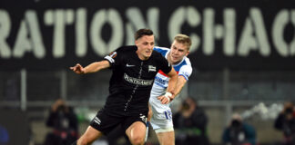 Oliver Antman battles for the ball during Rangers Europa League match against Sturm Graz