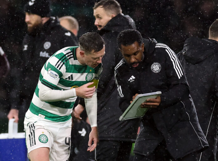 Wilfried Nancy gives tactical instructions to Callum McGregor during Celtic’s defeat to Hearts as Rangers close in