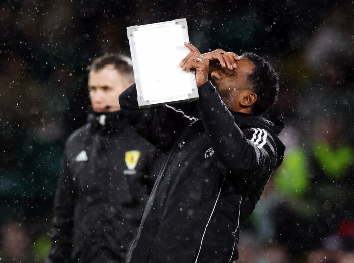 Wilfried Nancy reacts in frustration during Celtic’s loss to Hearts as Rangers sense title opportunity
