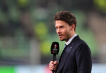 Danny Rohl speaks to UEFA Europa League broadcasters after Rangers defeat against Ferencváros in Hungary