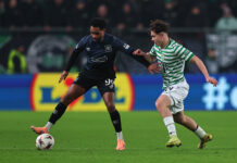 Rangers striker Danilo shields the ball from a Ferencváros defender during their Europa League group stage clash.