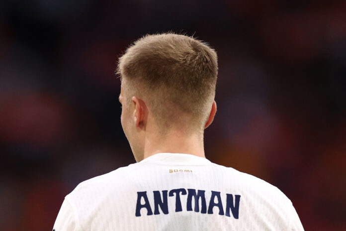 Oliver Antman wearing Finland shirt during FIFA World Cup 2026 qualifier match against the Netherlands