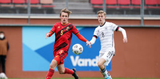 Tuur Rommens in action for Belgium U19 against Germany during UEFA Under 19 European Championship qualifier