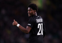 Tochi Chukwuani of SK Sturm Graz during a UEFA Europa League match wearing number 21