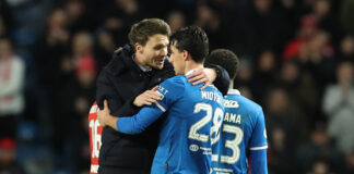 Rangers striker Bojan Miovski embraces Danny Rohl after match at Ibrox