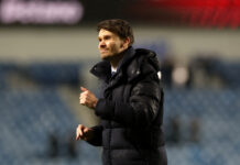 Danny Rohl celebrates at Ibrox in the rain after Rangers' Europa League win over Ludogorets, January 2026