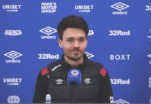 Rangers take almost 40% of bets in Scottish title market Danny Röhl speaking at a Rangers press conference with Rangers TV microphone in front of blue sponsor backdrop