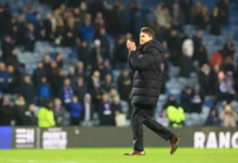 Rangers managers Danny Rohl applauds fans at Ibrox