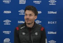 Danny Rohl speaking at a Rangers press conference at the Rangers Training Centre