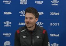 Danny Rohl speaking at a Rangers press conference at the Rangers Training Centre