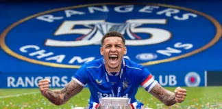 James Tavernier in front of Rangers' 55th League Title