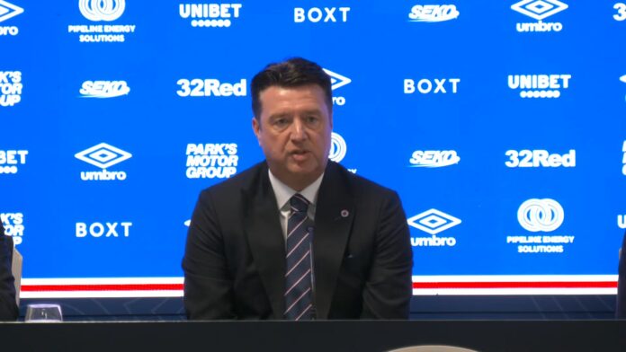 DEREK MCINNES FIRST PRESS CONFERENCE.mp4_snapshot_01.16.087 Rangers CEO Jim Gillespie addresses the media during Derek McInnes' official unveiling at Ibrox.