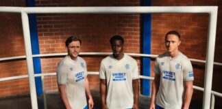 Rangers away kit 2026 27 promotional image featuring Djeidi Gassama Thelo Aasgaard and Rangers players at Ibrox