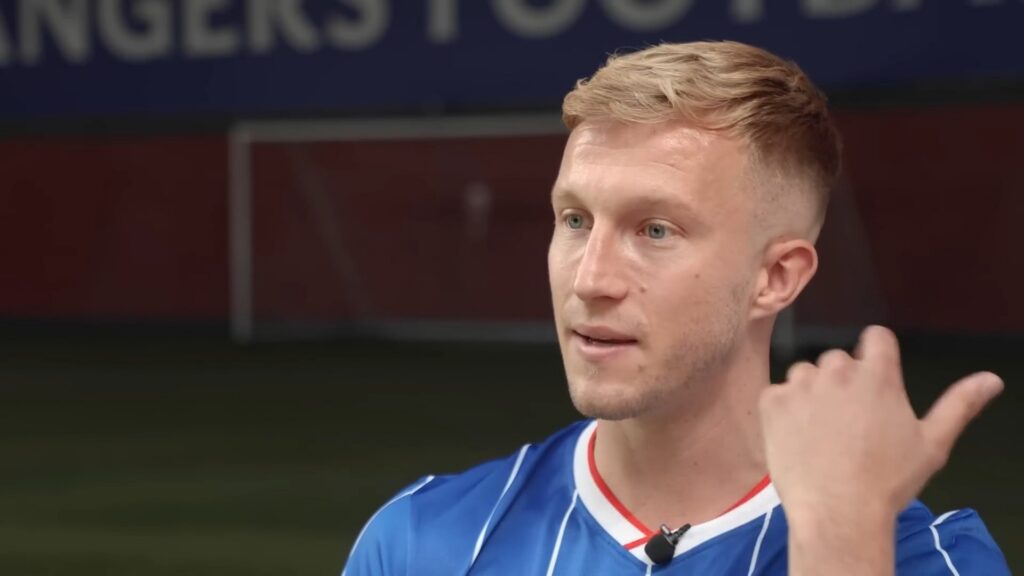 Ross McCrorie speaks during his first Rangers TV interview after returning to Rangers at Ibrox