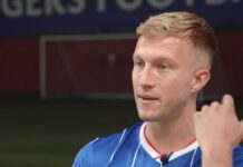 Ross McCrorie speaks during his first Rangers TV interview after returning to Rangers at Ibrox