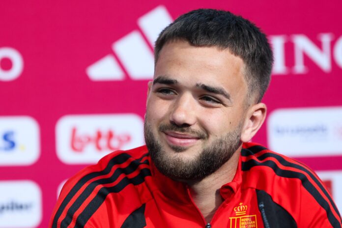 Belgium and Rangers midfielder Nicolas Raskin during a press conference.