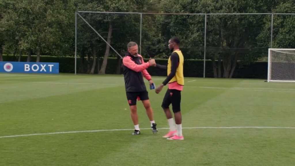 Derek McInnes and Dujon Sterling at Rangers training.