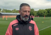 Derek McInnes gives an interview at Rangers training.
