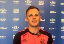 Rangers striker Lawrence Shankland speaks to assembled press.