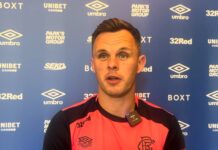 Rangers striker Lawrence Shankland speaks to assembled press.