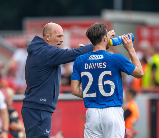 Former Rangers defender Ben Davies with former Rangers manager Philippe Clement.