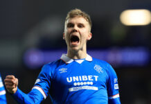 Oliver Antman celebrates scoring for Rangers.
