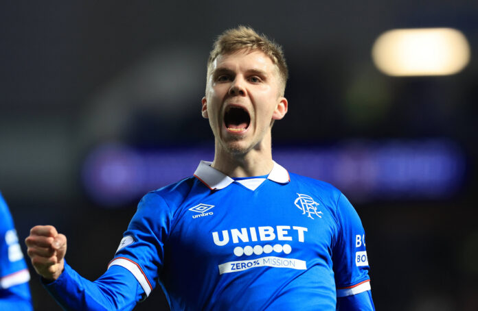 Oliver Antman celebrates scoring for Rangers.