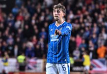 Dan Neil in action for Rangers v Dundee United at Tannadice.